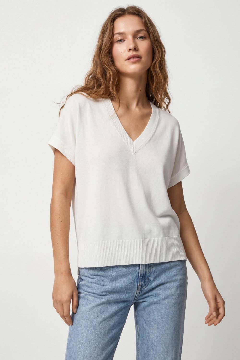 V-Neck Short Sleeve Knit Sweater- White