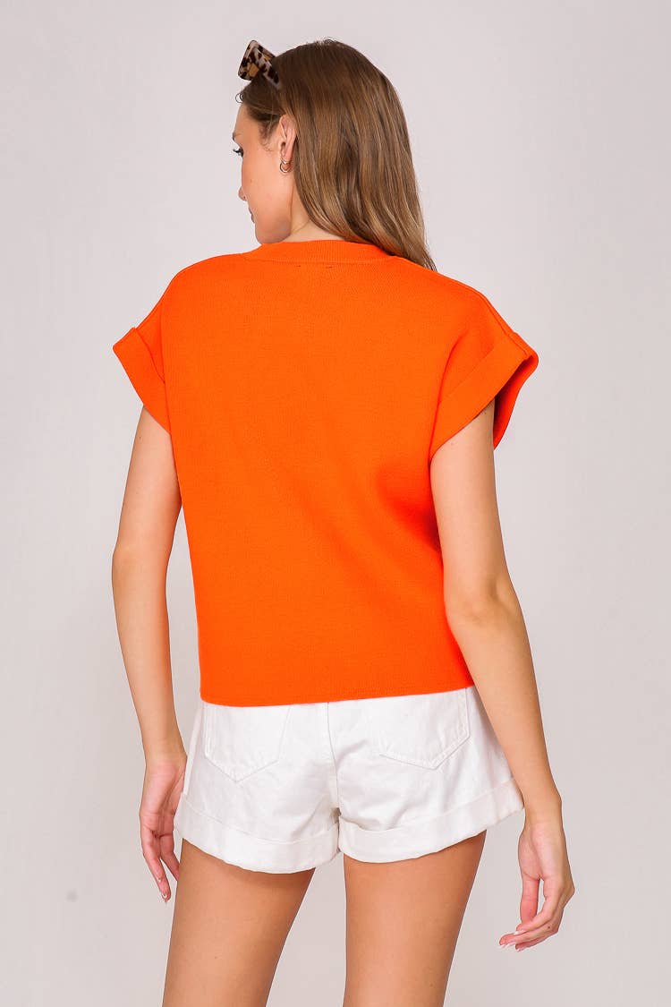 Sweater Top With Rolled Up Sleeves- Orange