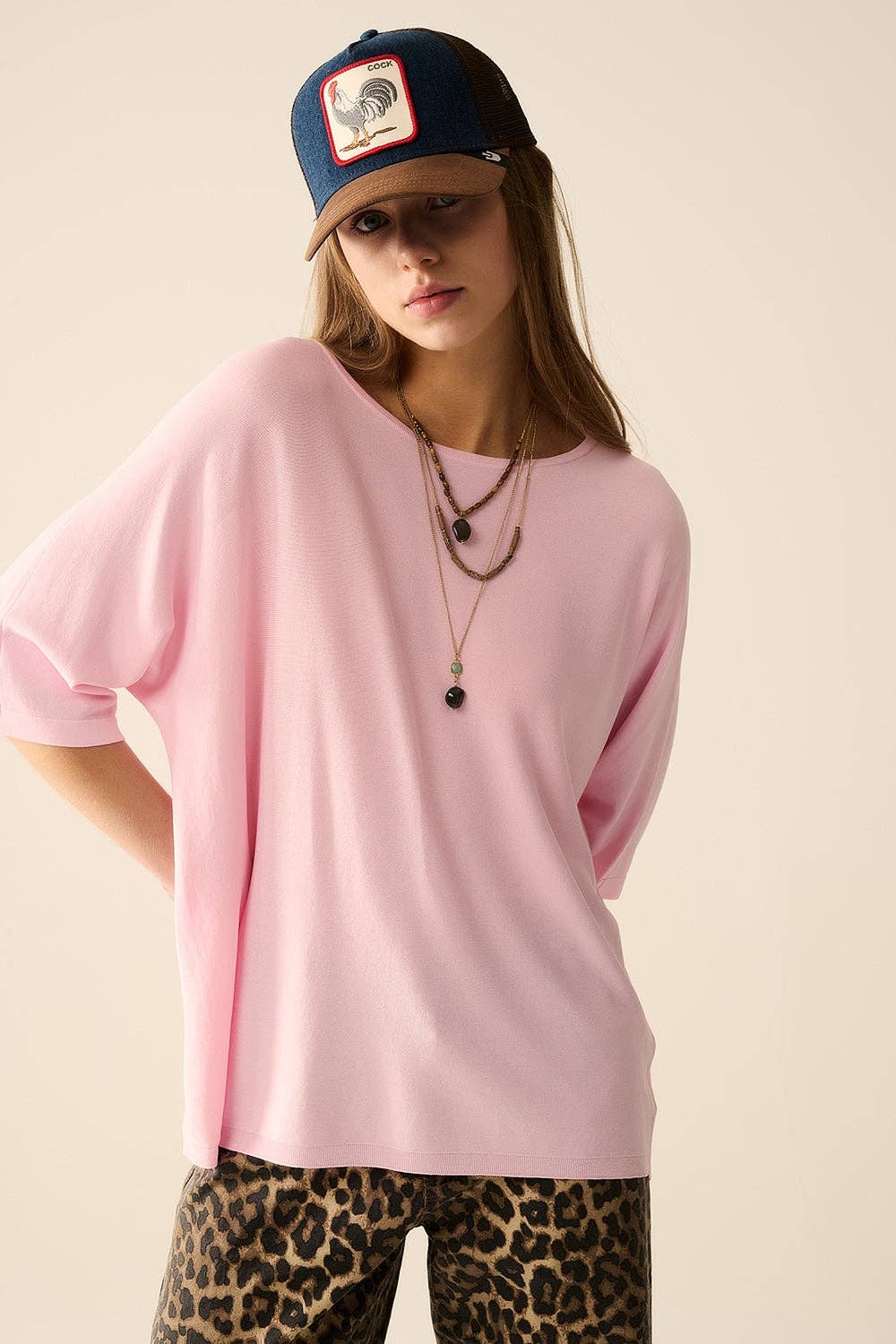 Oversized Sweater with Elbow-Length Sleeves- Pink