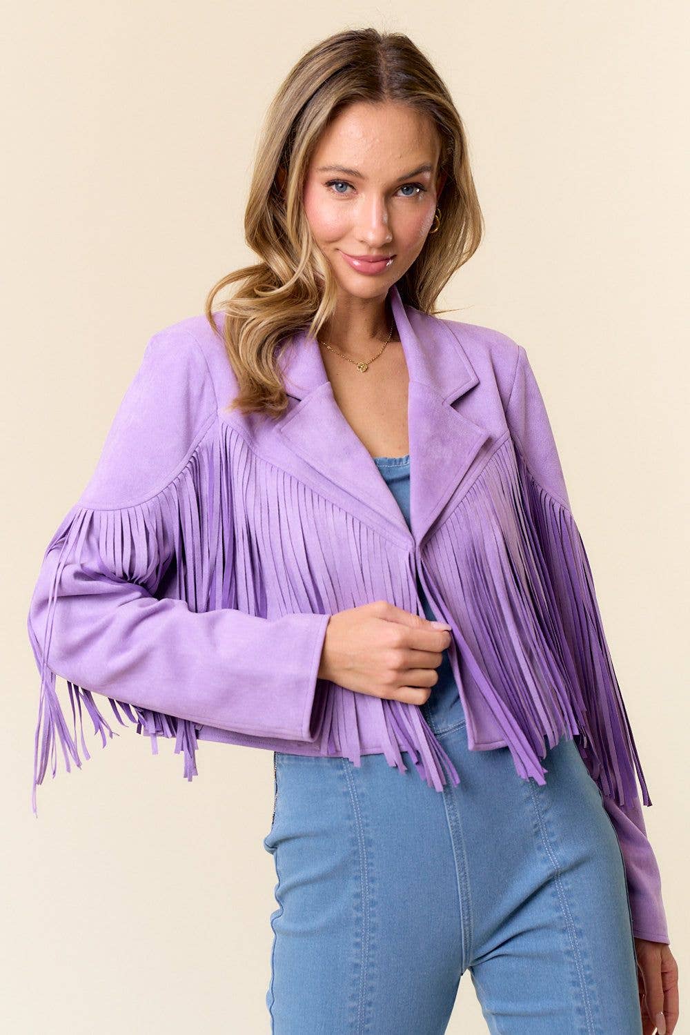 Faux Suede Fringed Western Jacket- Purple