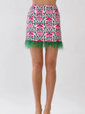 Floral Print Feather Trim Mini Skirt- Pink