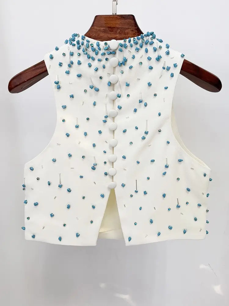Handmade Beaded Two Piece Set- White/Blue