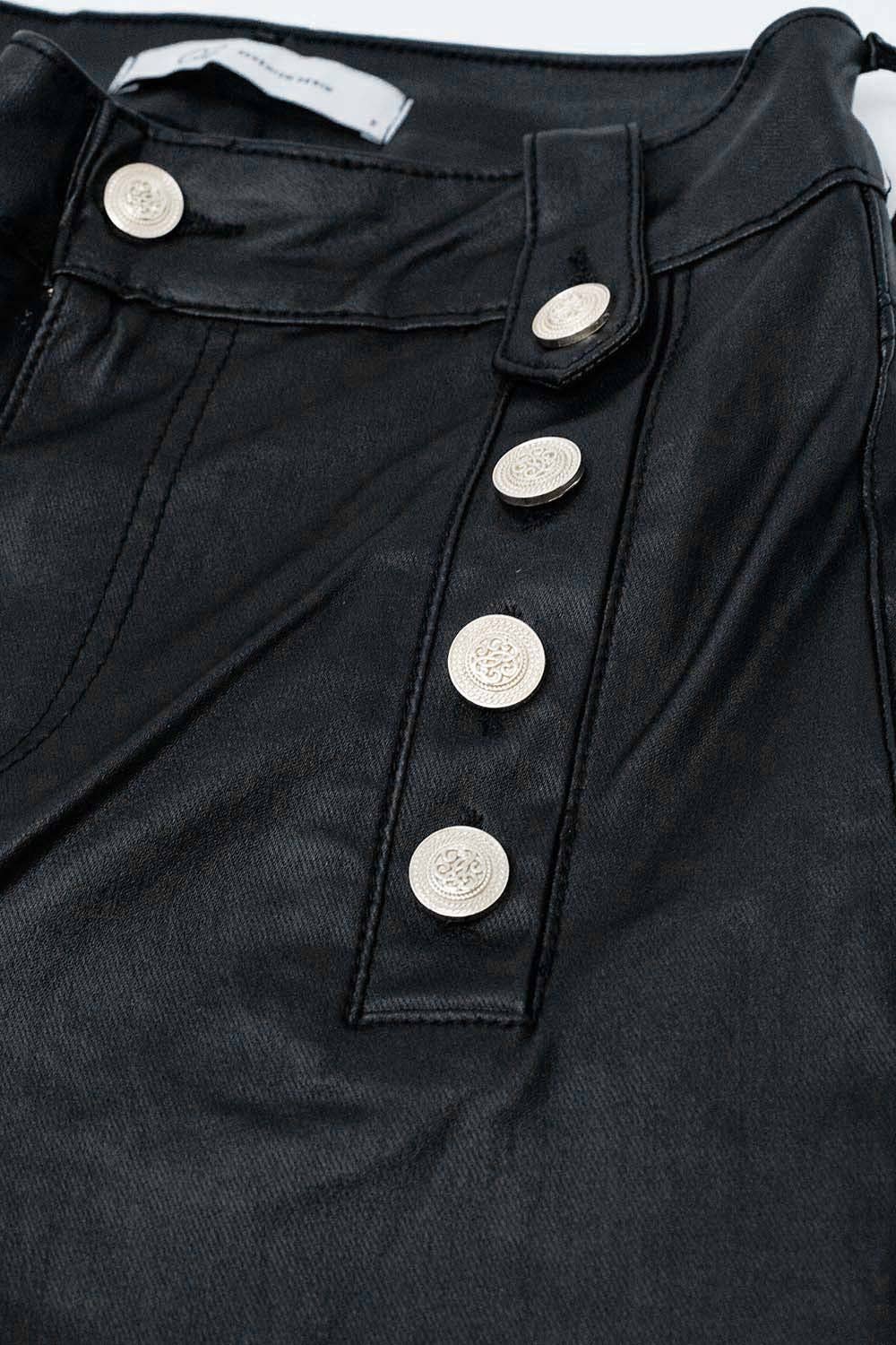 Faux Leather Trousers With Buttons- Black