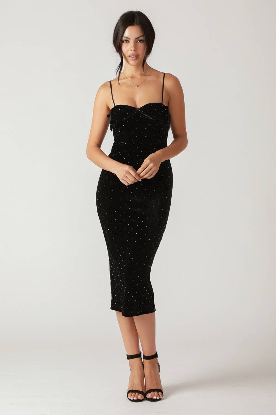 Embellished Velvet Midi Dress- Black