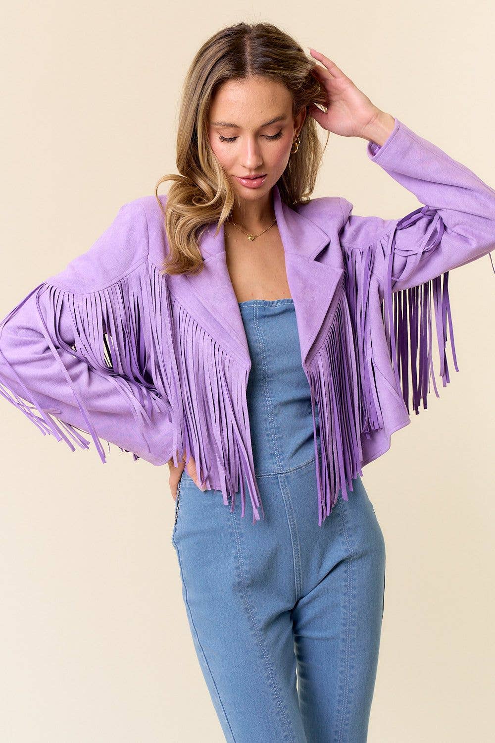 Faux Suede Fringed Western Jacket- Purple