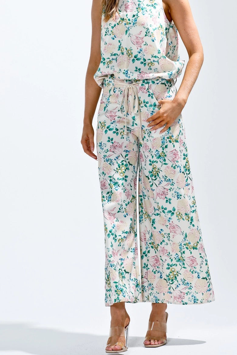Waist String Flower Printed Wide Pants- Cream