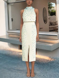 Handmade Beaded Two Piece Set- White/Blue
