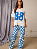 Checkered Jeans with Elastic Band- Blue/White