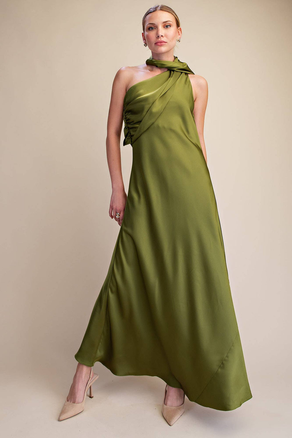 Mock Neck One Shoulder Sleeveless Satin Maxi Dress