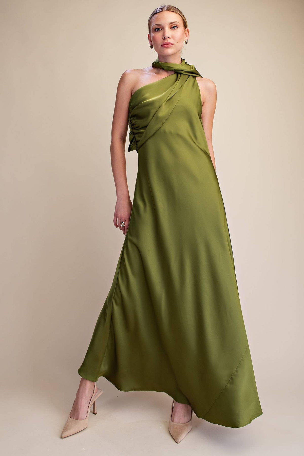 Mock Neck One Shoulder Sleeveless Satin Maxi Dress