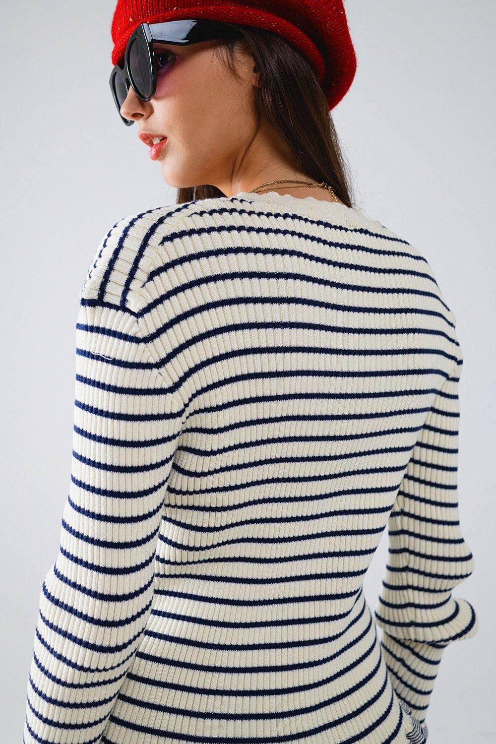 Striped Cardigan with Ruffle Trim- Cream/Blue