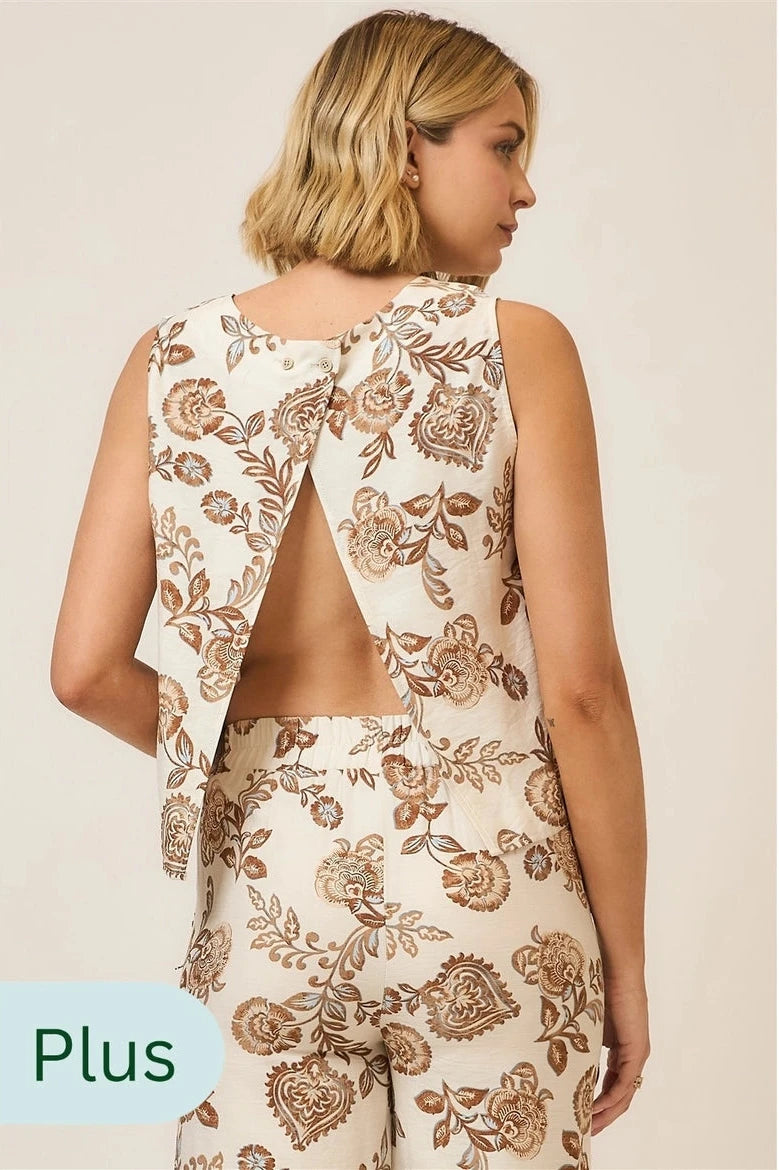 Plus Size Floral Print Sleeveless Top- Tan