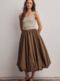 Striped Tank Balloon Skirt Midi Dress- Mocha