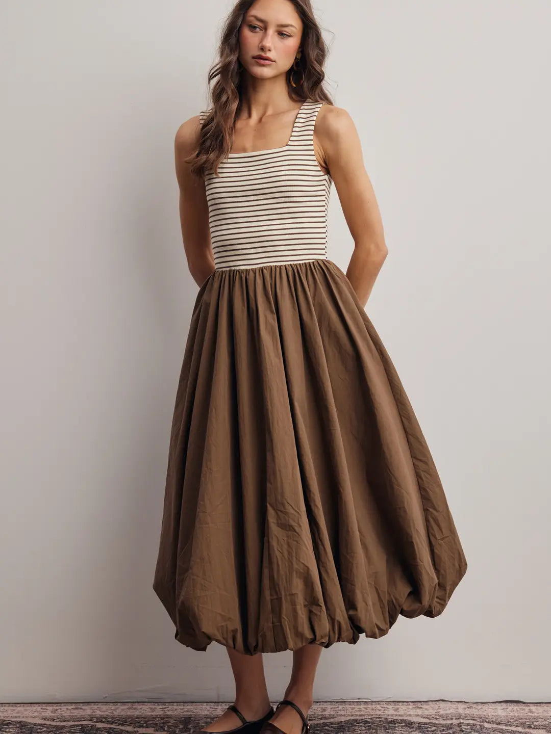 Striped Tank Balloon Skirt Midi Dress- Mocha