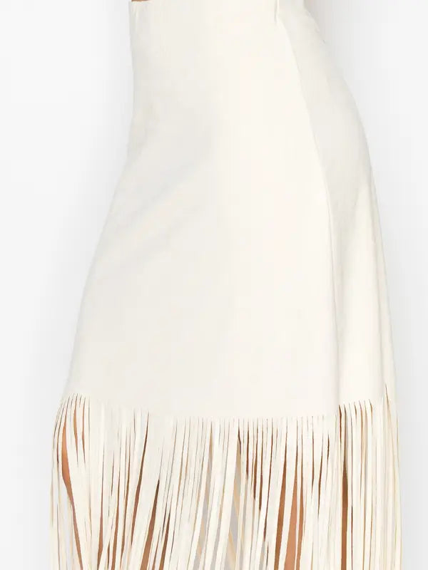 Faux Suede Skirt With Fringe Details- Beige