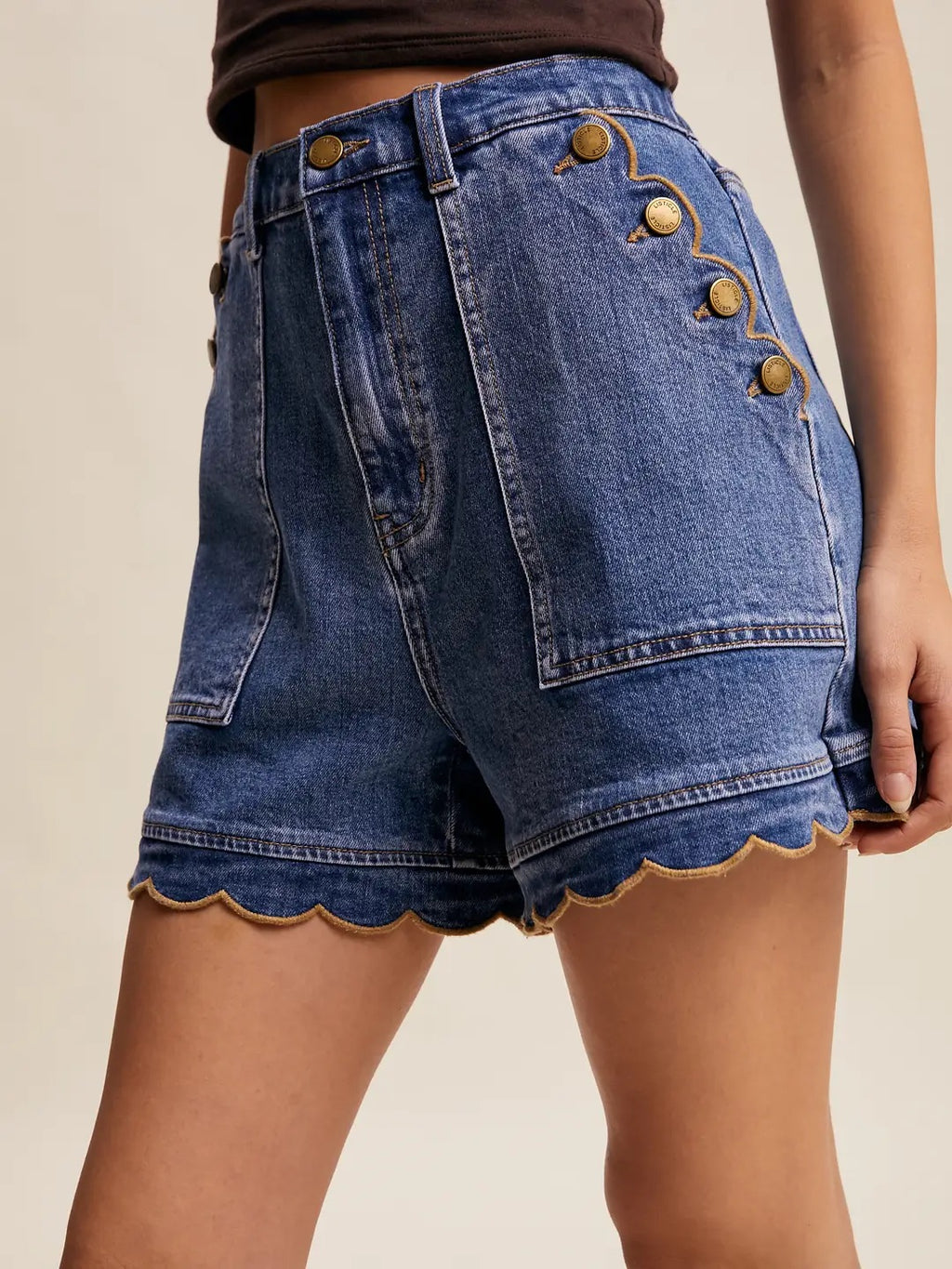 Scallop Trim High Waisted Denim Shorts