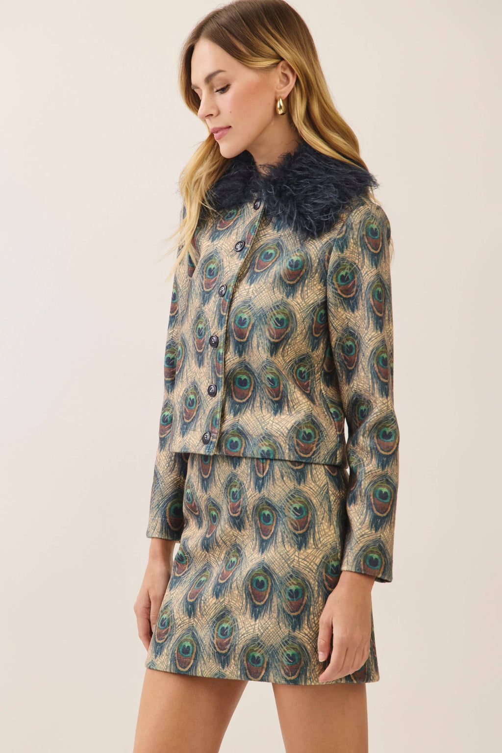 Peacock Print Faux Fur Collar Jacket- Navy