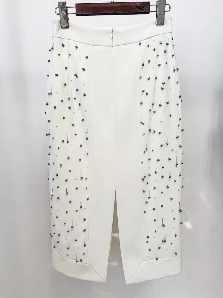 Handmade Beaded Two Piece Set- White/Blue