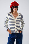 Striped Cardigan with Ruffle Trim- Cream/Blue