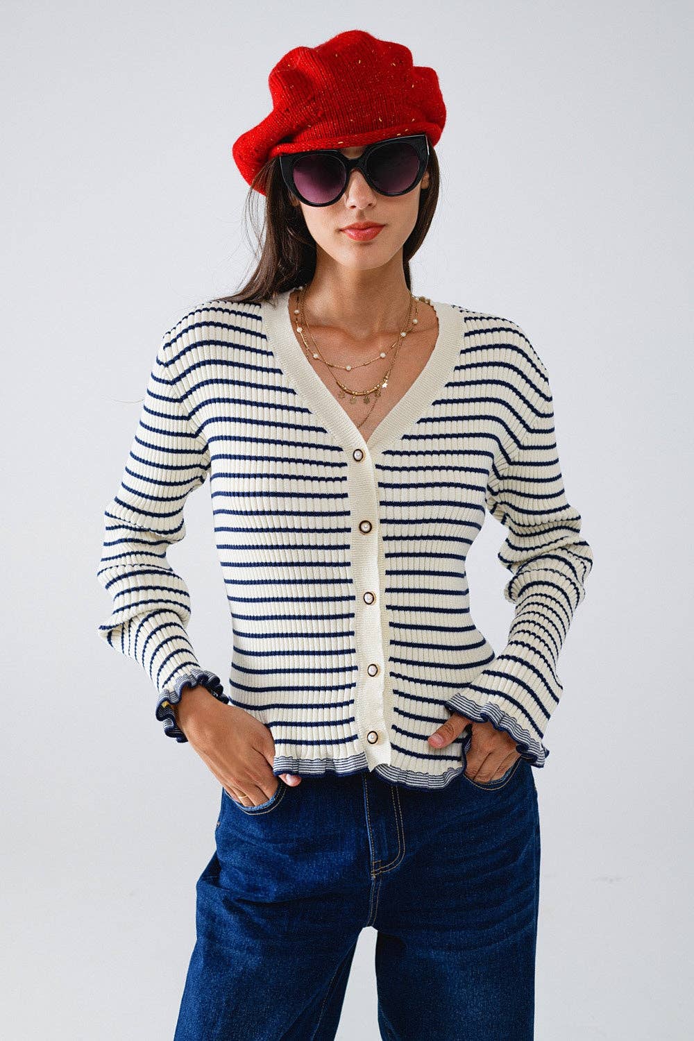 Striped Cardigan with Ruffle Trim- Cream/Blue