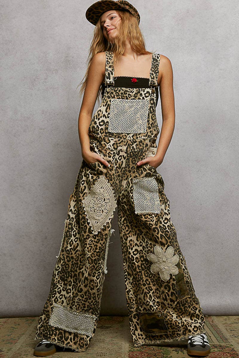 Multi Patch Wide Leg Cheetah Print Overalls