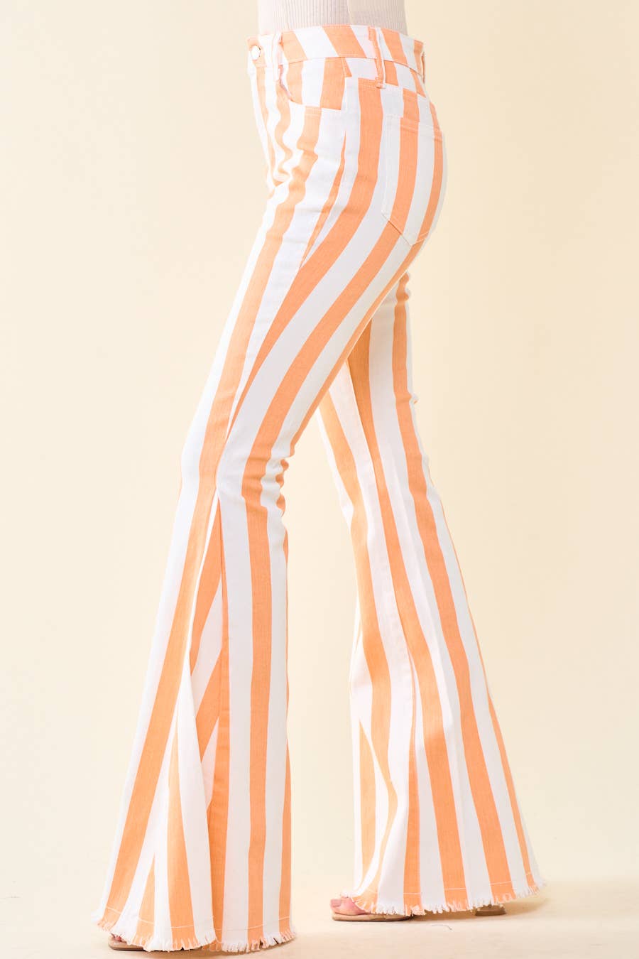 Striped Washed Denim Bell Bottoms- Orange/White