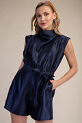 Cowl Neck Sleeveless Romper- Navy