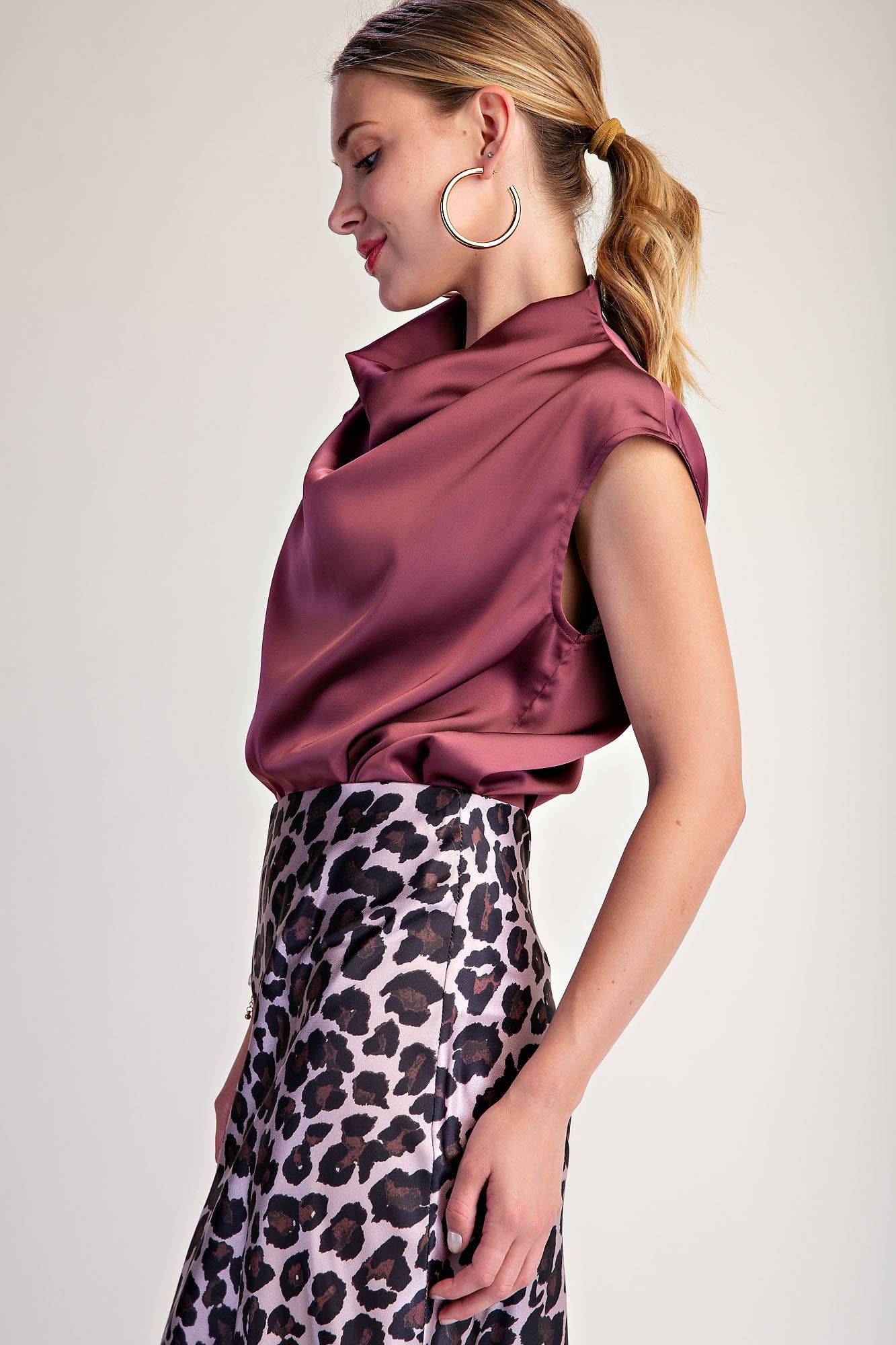 Cowl Neck Sleeveless Satin Top- Rose