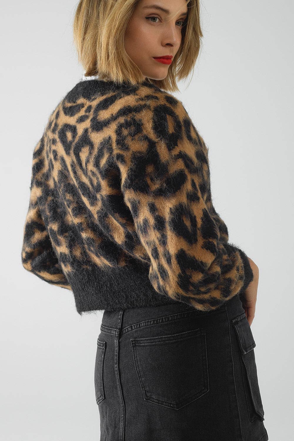 Leopard Print Wool Cardigan- Black/Brown