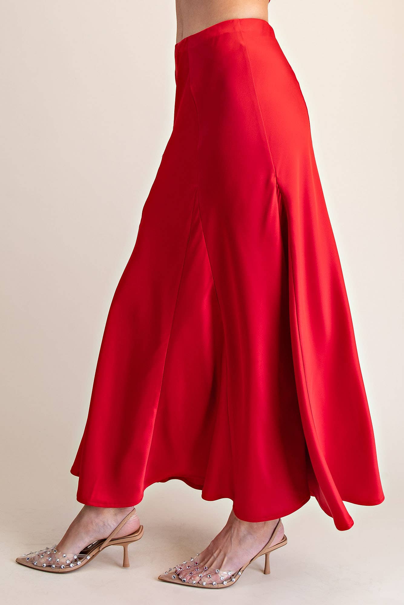 Fitted & Flare Mermaid Silhouette Satin Midi Skirt- Red
