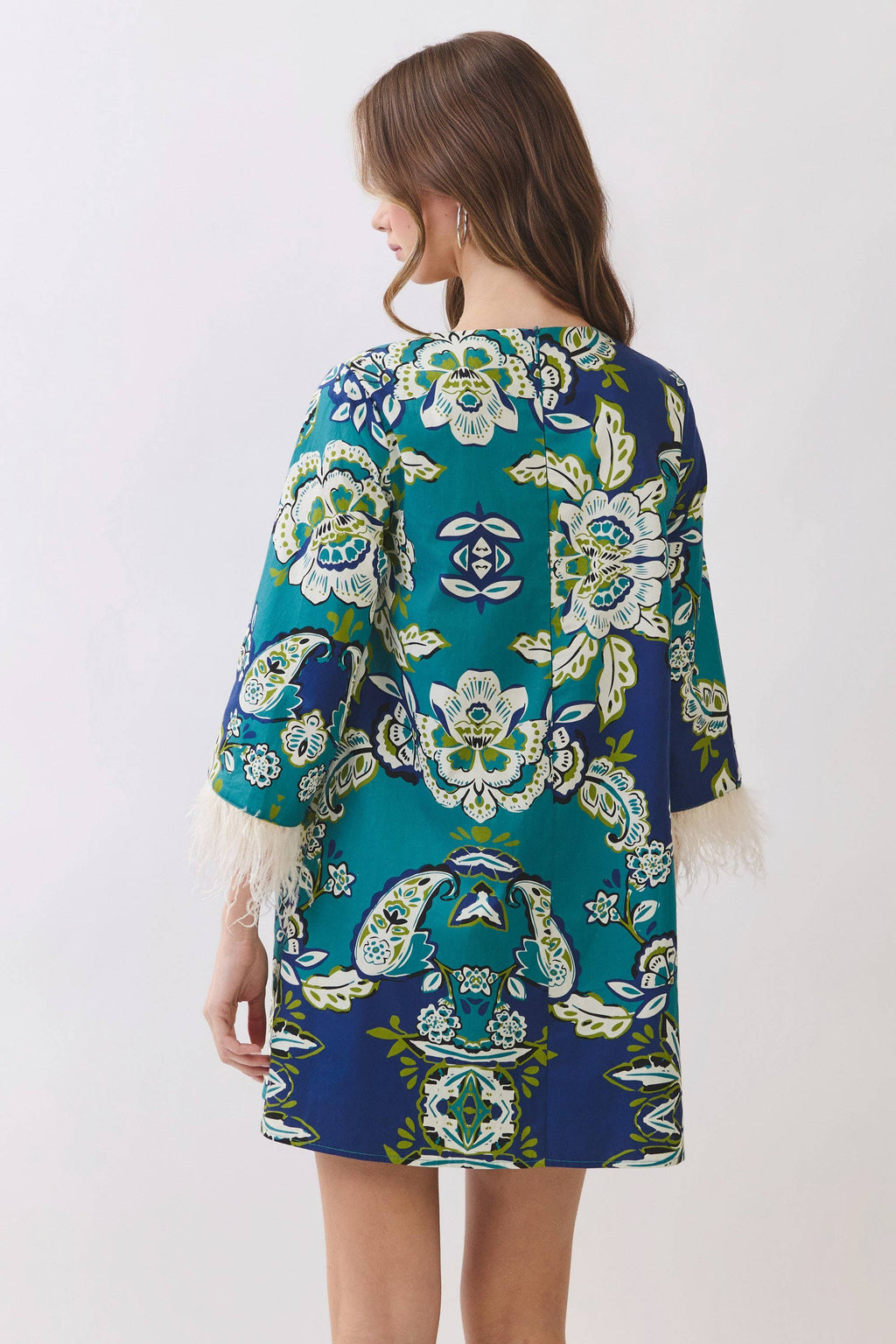 Floral Print Feather Trim Detail Mini Dress- Blue