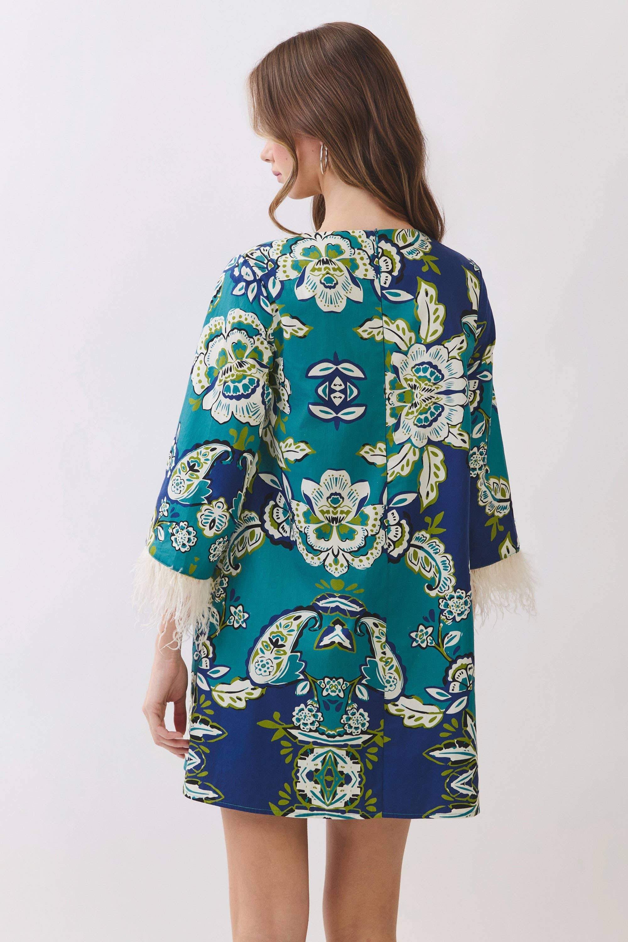 Floral Print Feather Trim Detail Mini Dress- Blue