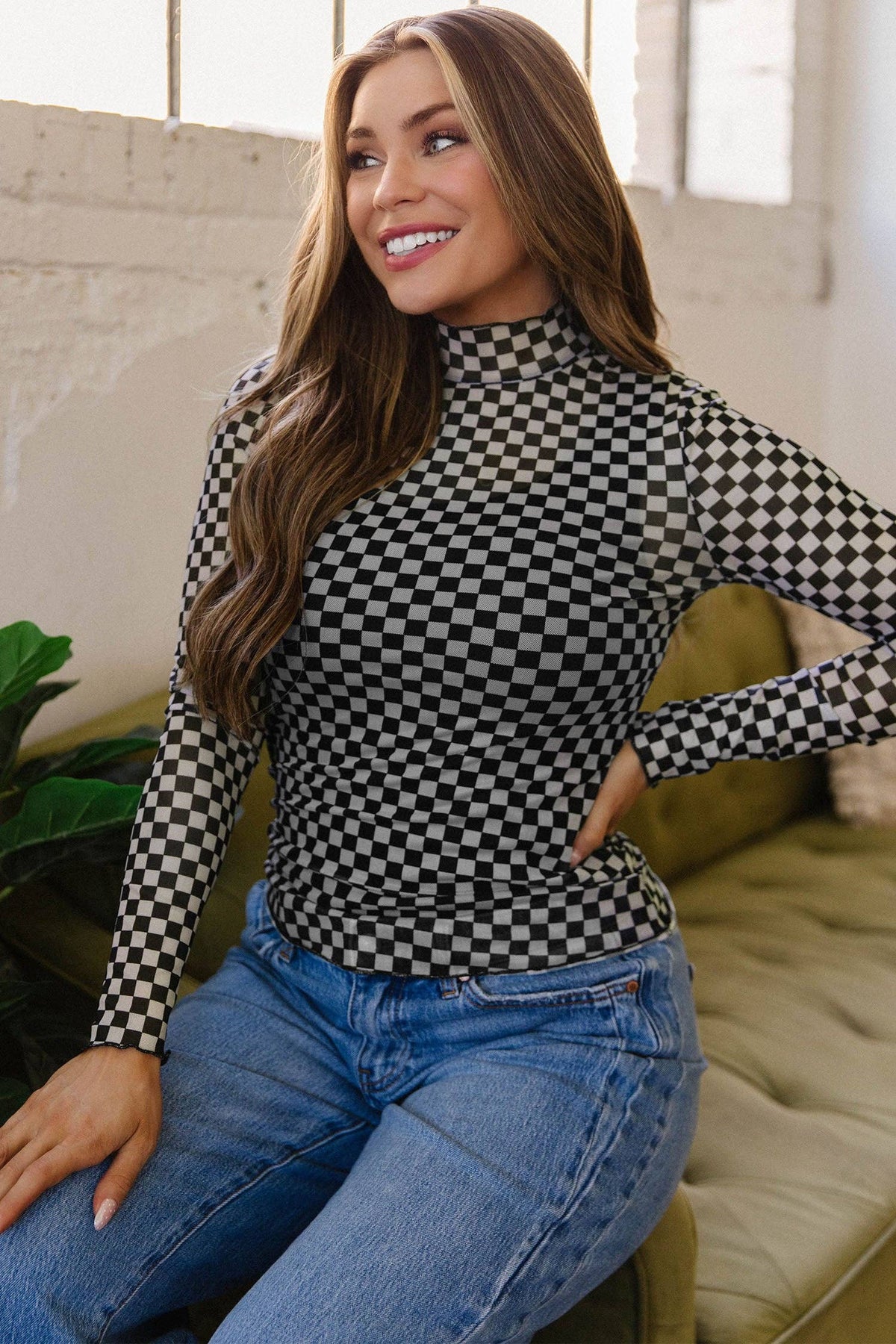 Plaid Long Sleeve Mesh Top- Black/White