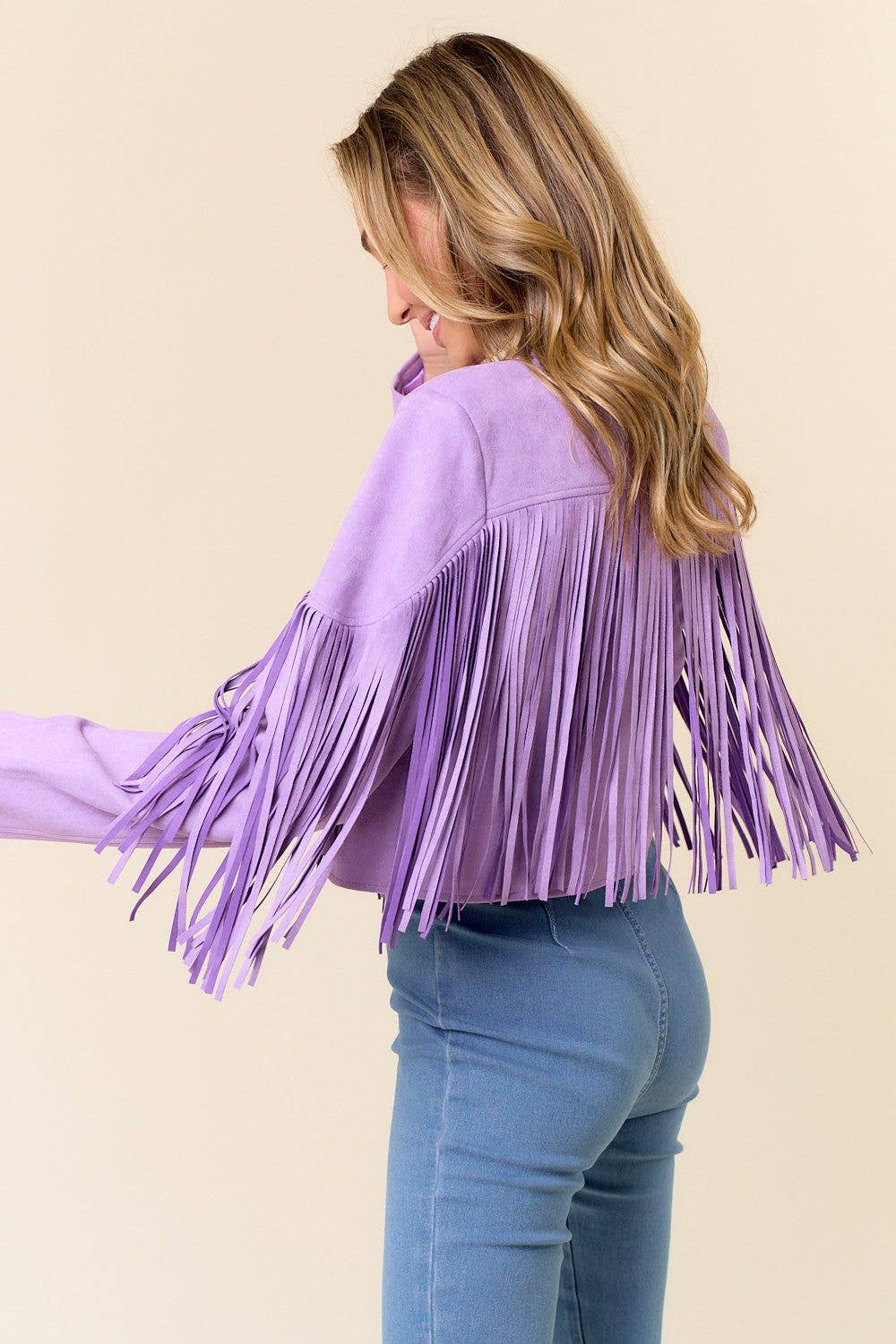 Faux Suede Fringed Western Jacket- Purple