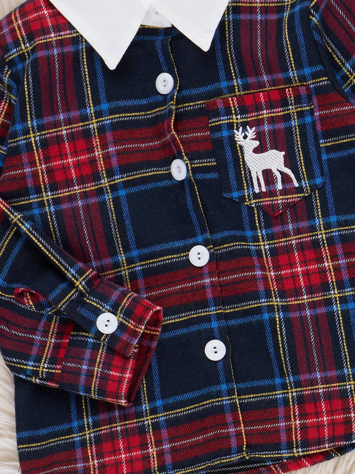 Christmas Reindeer Plaid Button-Up Shirt- Red/Blue
