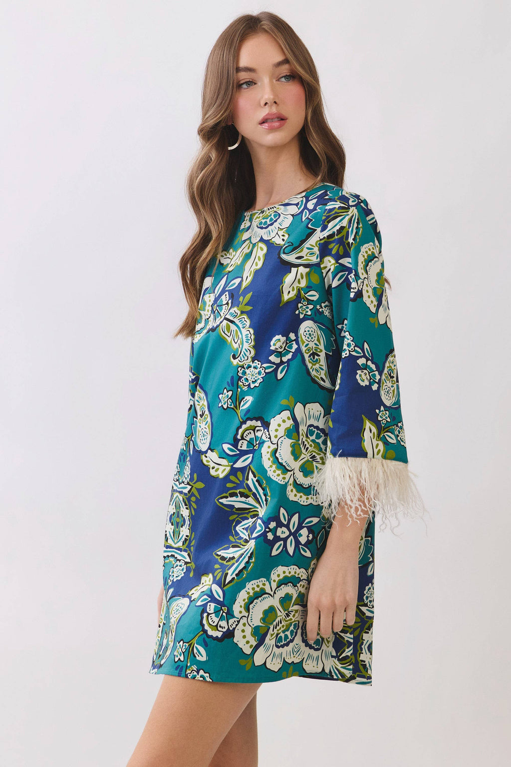 Floral Print Feather Trim Detail Mini Dress- Blue