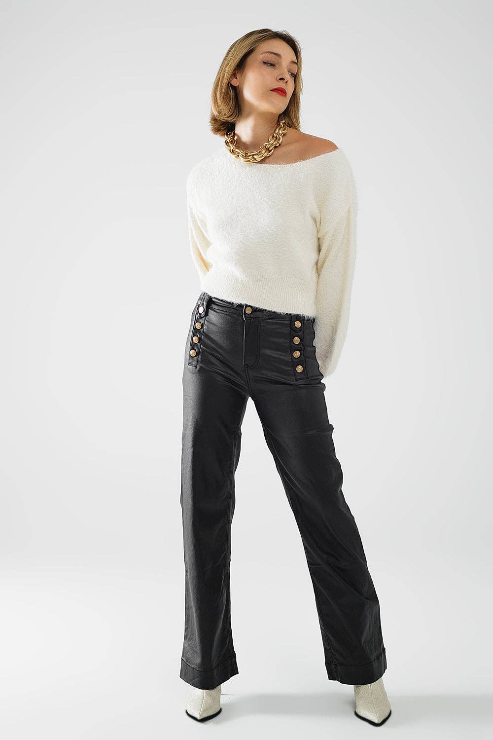 Faux Leather Trousers With Buttons- Black