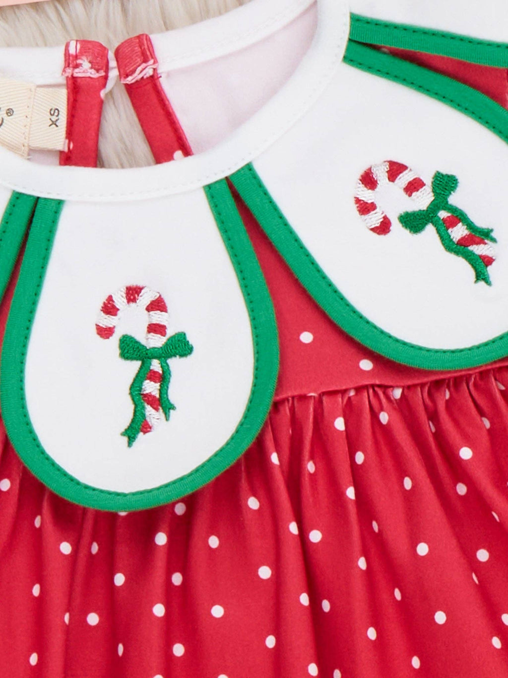 Candy Cane Embroidered Scallop Bow Dress- Red