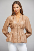 Faux Leather Smocked Waist Peplum Top- Latte