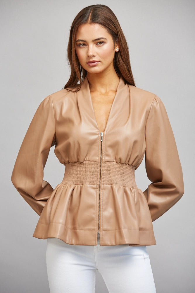 Faux Leather Smocked Waist Peplum Top- Latte