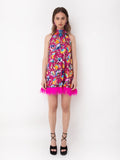 Floral Overlay Sleeveless Halter Dress- Pink