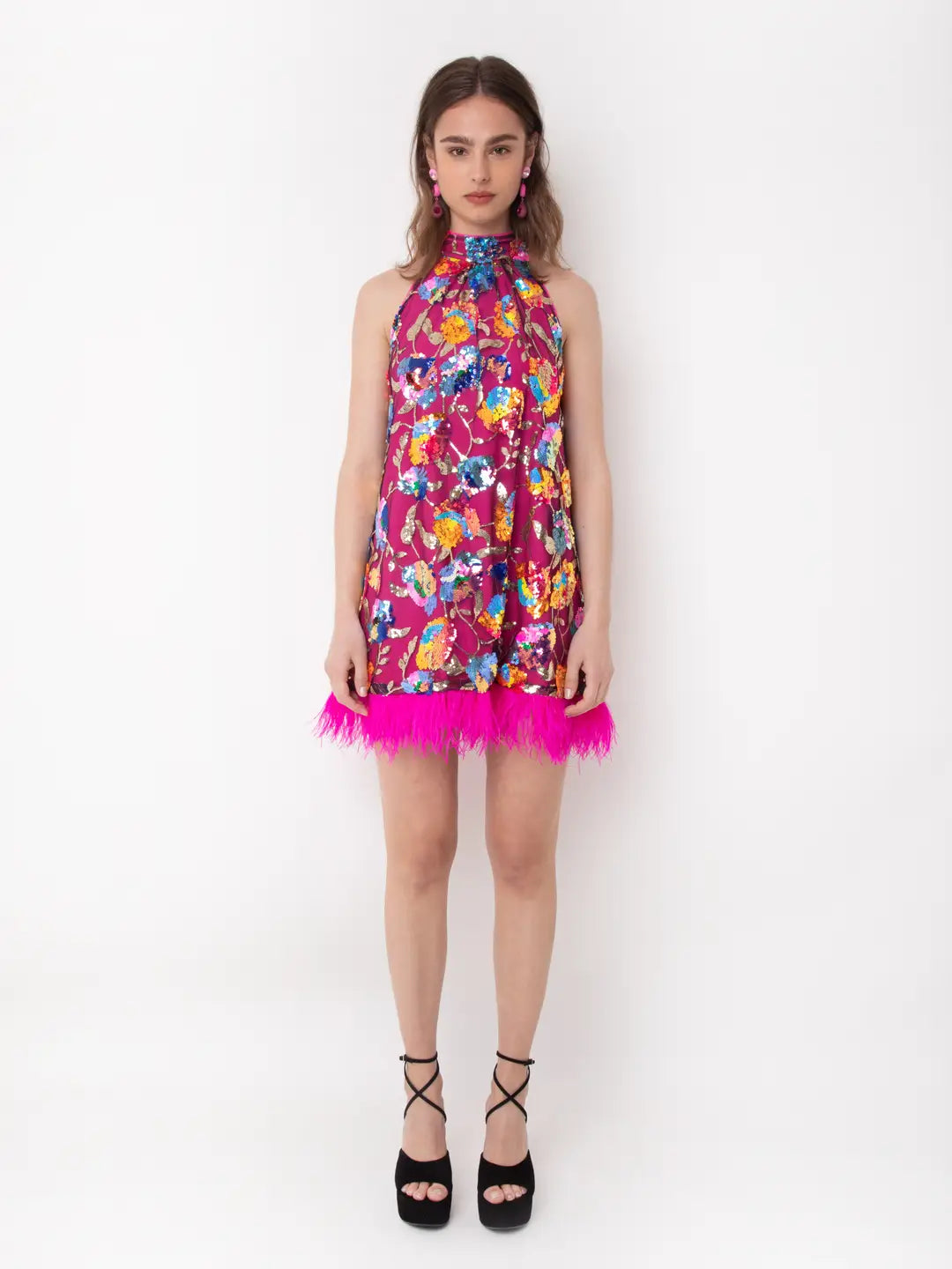 Floral Overlay Sleeveless Halter Dress- Pink