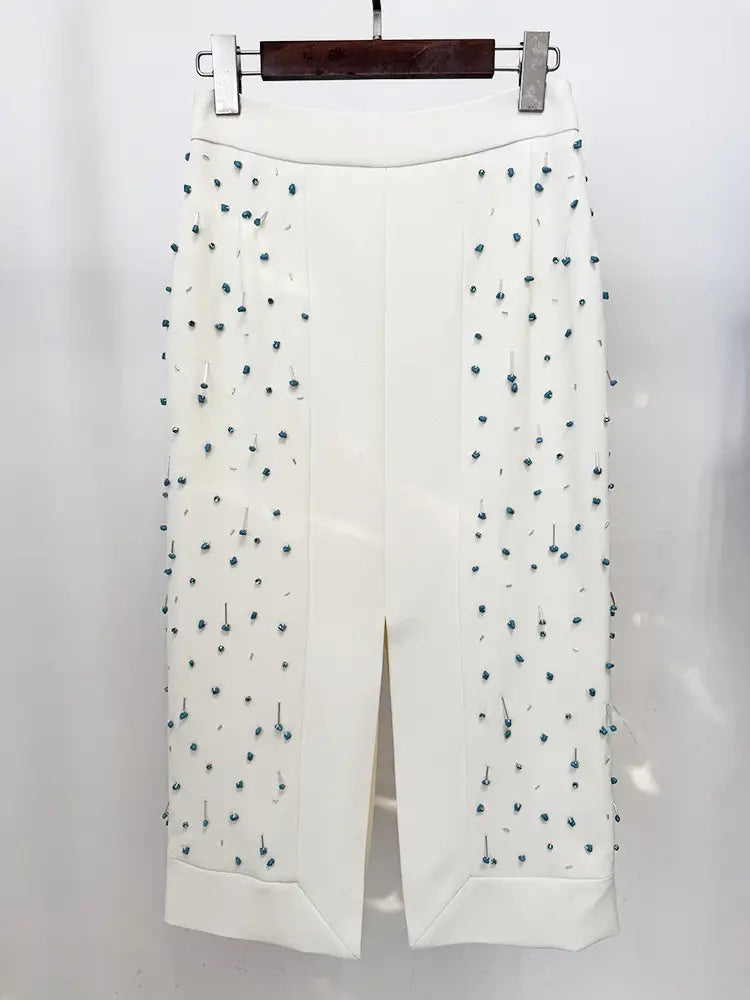 Handmade Beaded Two Piece Set- White/Blue