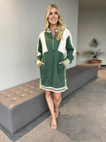 Sporty Zip Front Pocket Dress- Olive