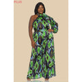 Plus Size One Shoulder Jumpsuit- Black/Green