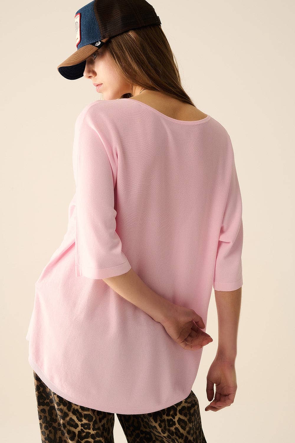 Oversized Sweater with Elbow-Length Sleeves- Pink
