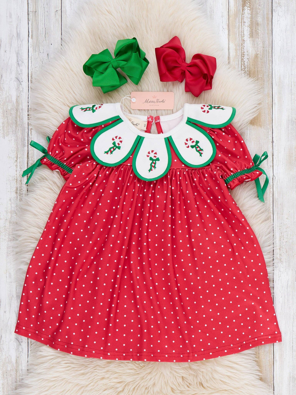 Candy Cane Embroidered Scallop Bow Dress- Red