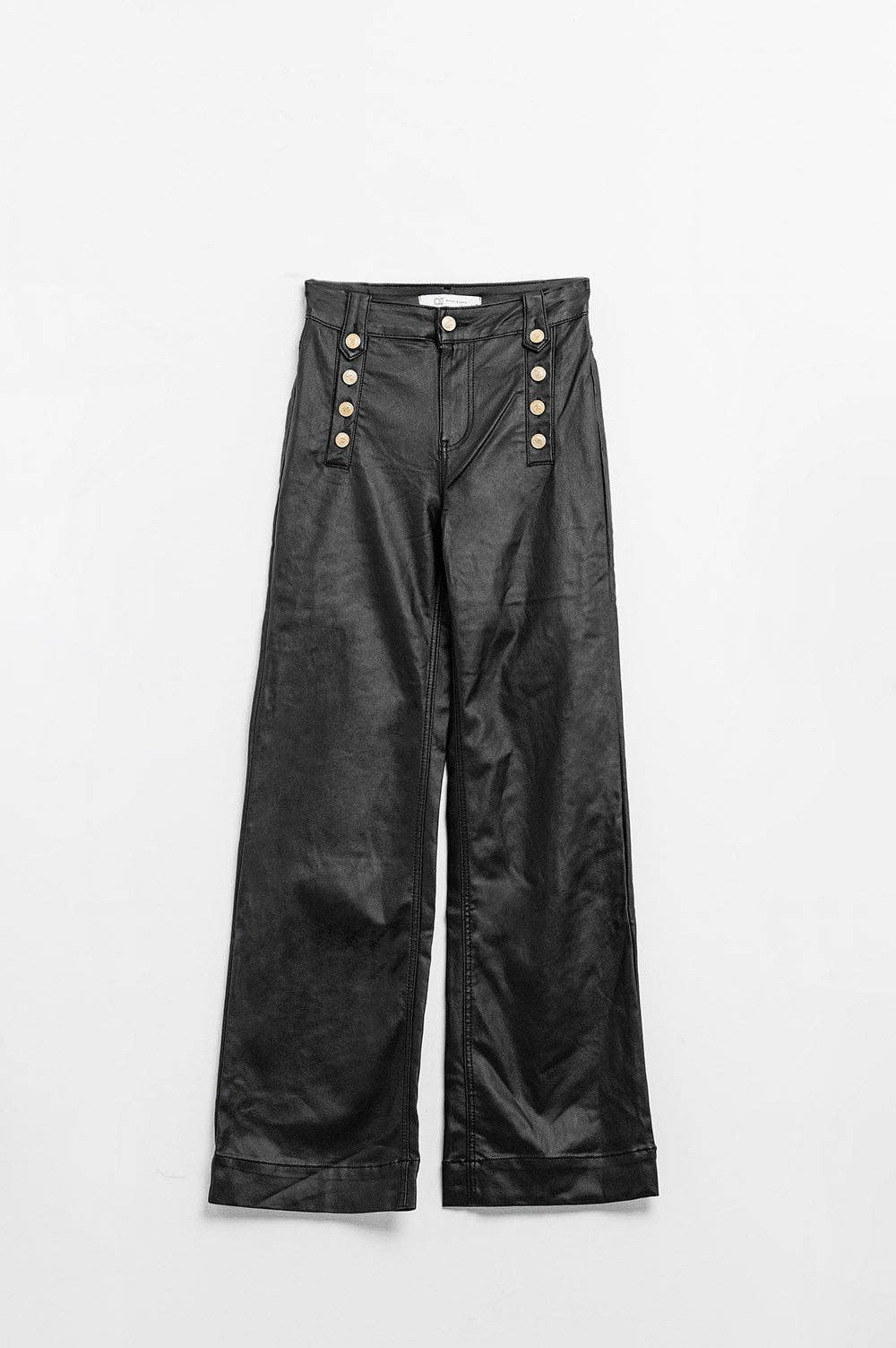 Faux Leather Trousers With Buttons- Black