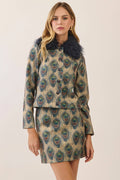 Peacock Print Faux Fur Collar Jacket- Navy