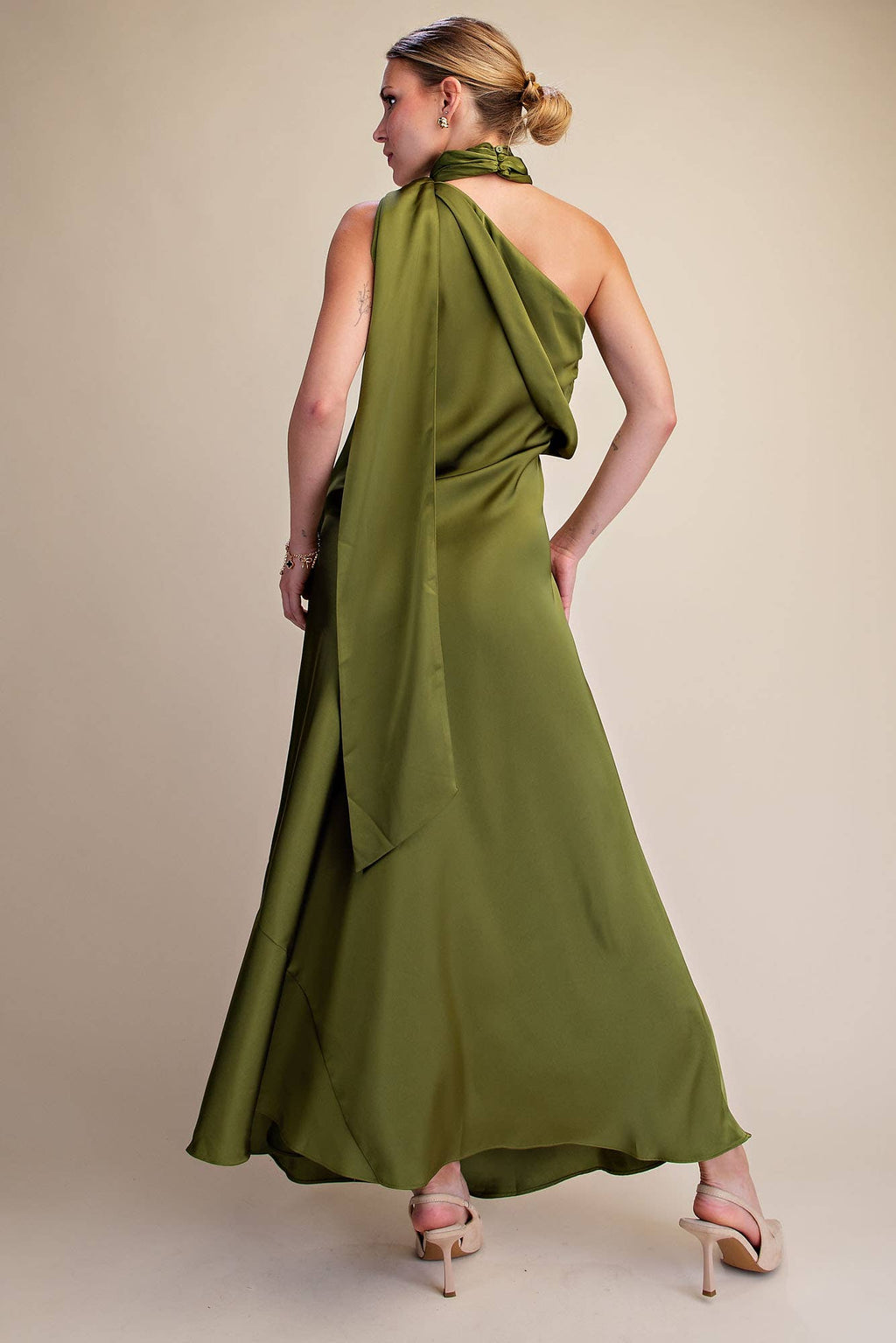 Mock Neck One Shoulder Sleeveless Satin Maxi Dress